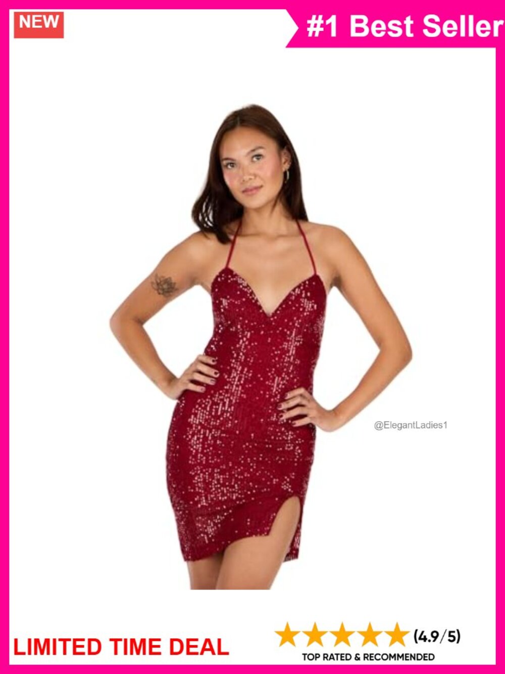 Sequin Halter Mini Dress Bodycon Side Slit Pull-On Party